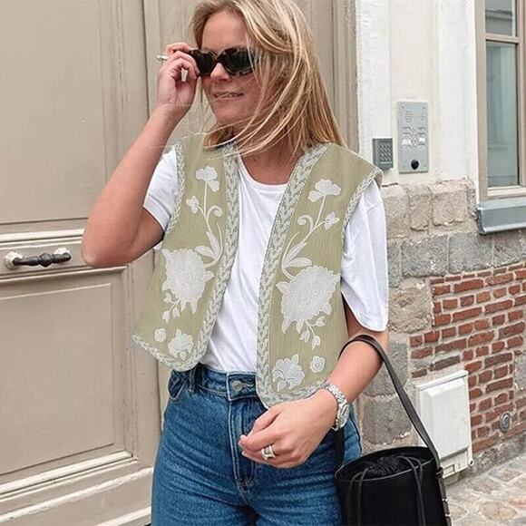 ZARA Embroidered Vest NWT | Khaki Open-Front Waistcoat Boho Chic M/L - Picture 14 of 16